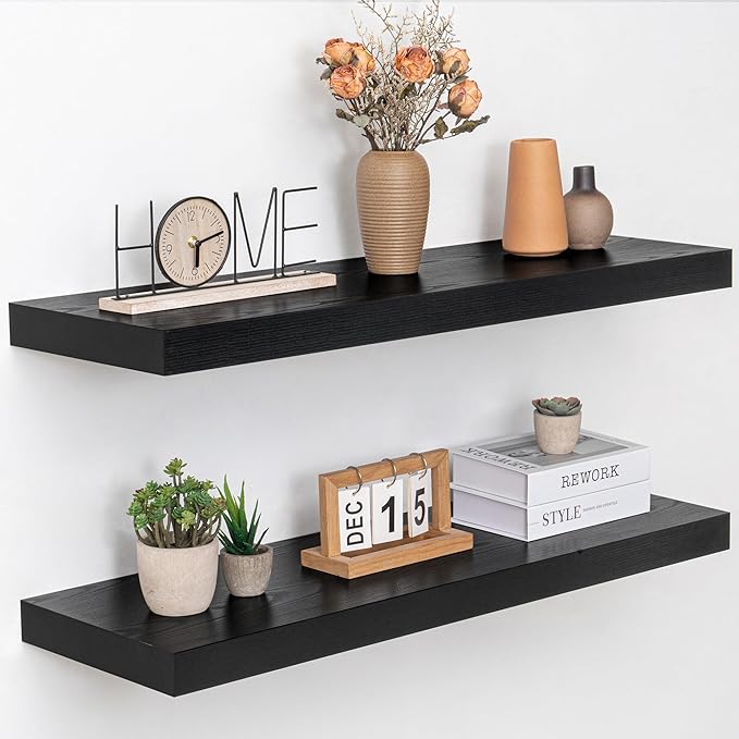 36 Inch Floating Shelves, 12" Deep Floating Shelf Wall Mounted, 36" Wall Shelves, Rustic Deep Bookshelf, Extra Deeper & Thicker Display Shelves for Bedroom, Living Room, Black, Set of 2