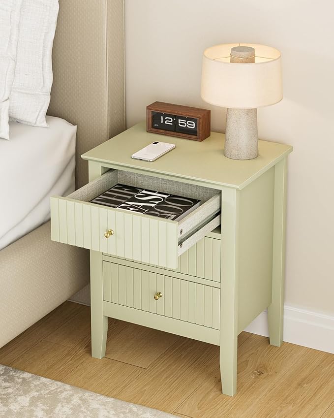 Fluted Nightstand, Farmhouse Night Stand with 3 Drawers, Mid Century Modern Side Accent Table,Bedside End Table for Bedroom, Living Room, Pale Green