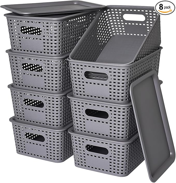 Plastic Storage Baskets with Lid-Plastic Storage Containers Stackable Storage bins: Storage Baskets for Organizing Shelves Drawers Desktop Closet Playroom Classroom Office, 8Pack-Gray,10.2x7.2x4.1Inch