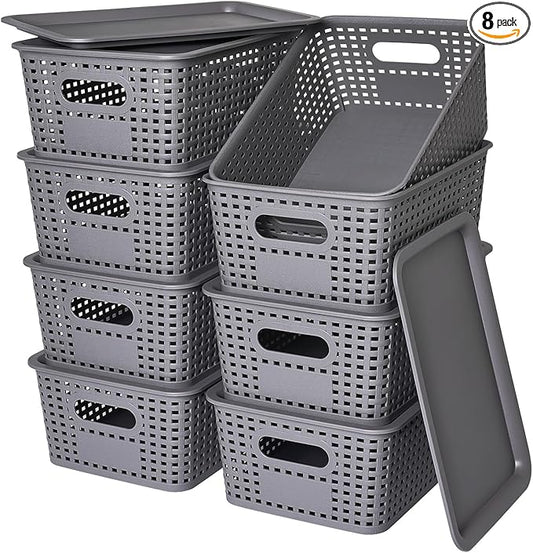 Plastic Storage Baskets with Lid-Plastic Storage Containers Stackable Storage bins: Storage Baskets for Organizing Shelves Drawers Desktop Closet Playroom Classroom Office, 8Pack-Gray,10.2x7.2x4.1Inch