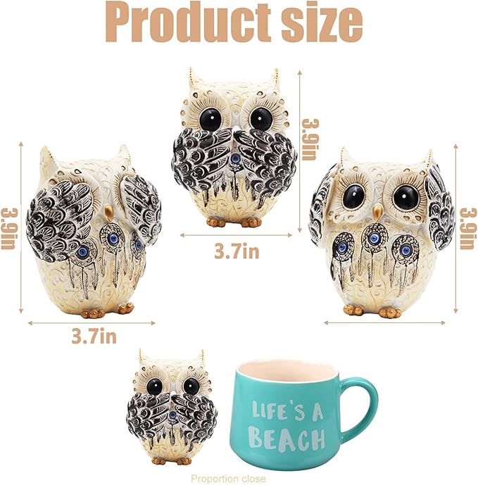 3 Owl Figurines Decor, Owl Statue Figurine, See No Hear No Speak No Evil Ornaments, Crafted Animal Sculpture, Cute Owls Decoration for Living Room, Office, Bookshelf, Bedroom - White