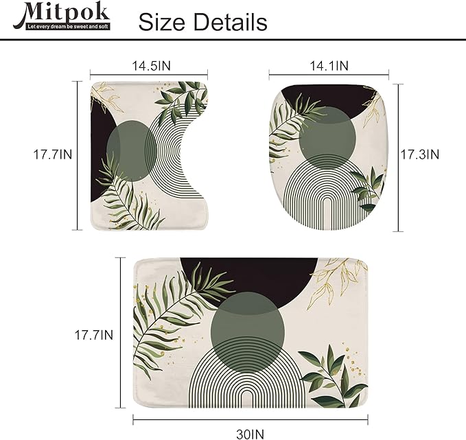 4 PCS Dark Green Boho 72Wx72H Shower Curtain Set Modern Mid Century Leaves Plant Bath Rug Toilet Lid Cover Nonslip U Shape Mat Quick Dry Accessories Bathroom Decor with 12 Hooks