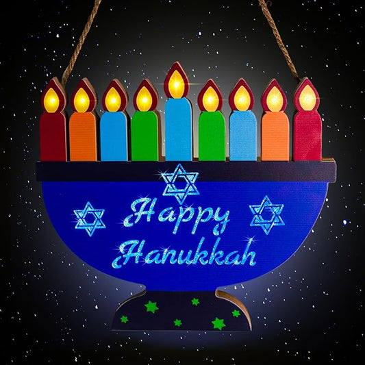 [ Lighted ] Hanukkah Lights Menorah Battery Operated Wooden Happy Hanukkah Door Sign Wreath Blue Lights Star of David for Chanukah Front Door Wall Windows Hanukkah Decorations Jewish Holiday Gifts