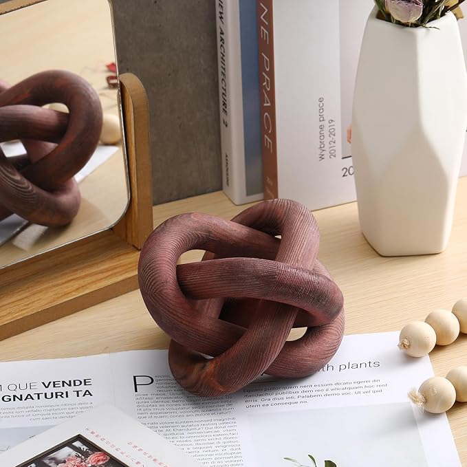 3 Link Wood Knot Decor - Hand Carved Coffee Table Decoration, Boho Chain Link Decor, Modern Shelf, Rustic Objects for Home Living Room Bedroom(Brown)