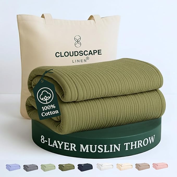Cloud Scape Linen Extra Large 8-Layer Muslin Throw Blanket, 100% Cotton Gauze Blanket for Couch, Sofa, Bed, Lightweight, Suitable for All Season,50x70, Olive Green