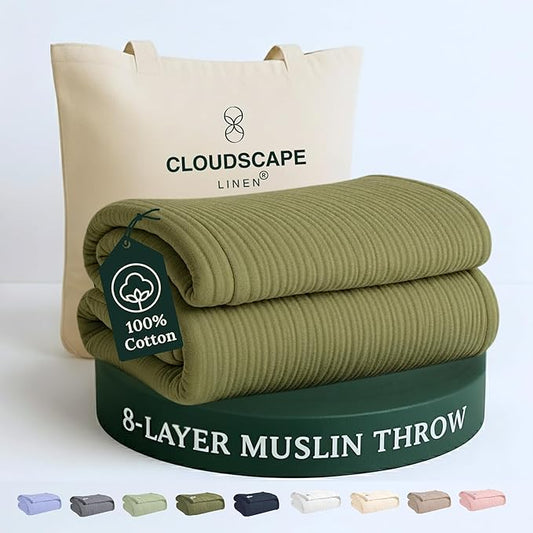 Cloud Scape Linen Extra Large 8-Layer Muslin Throw Blanket, 100% Cotton Gauze Blanket for Couch, Sofa, Bed, Lightweight, Suitable for All Season,50x70, Olive Green