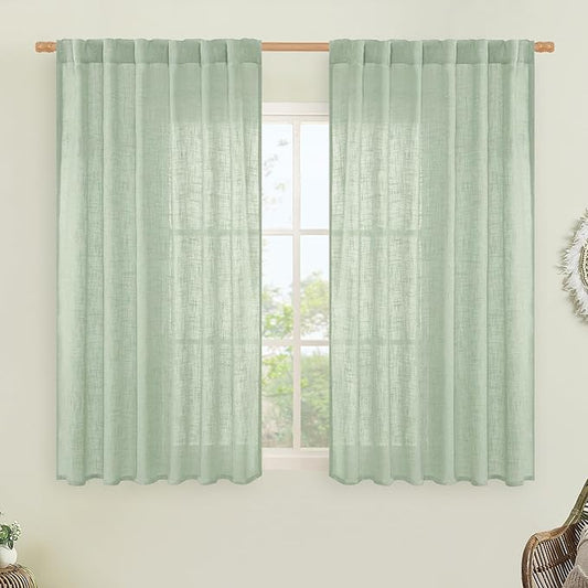 LAMIT Semi Sheer Linen Curtains 45 Inches Long, Light Filtering Panels Back Tab and Rod Pocket Neutral Drapes for Kitchen/Window/Bedroom, Fresh Green, 2 Panels, 52 x 45 Inch