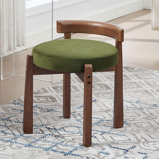 LukeAlon Cute Velvet Upholstered Vanity Stool, Round Makeup Stool with Wooden Legs Small Ottoman Chair Modern Padded Seat for Makeup Room Cloakroom Bedroom Entryway, Vintage Green