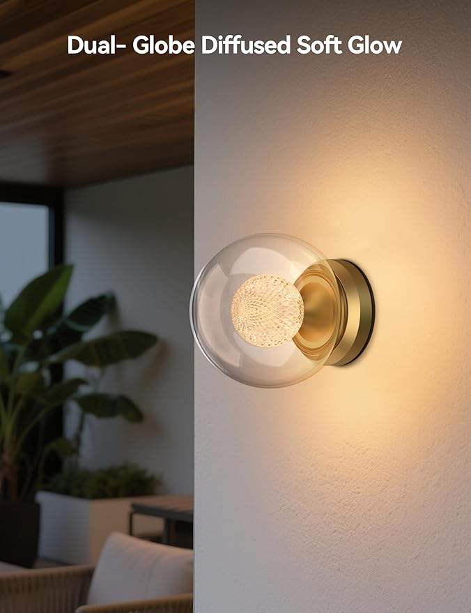 Tubicen Dual-Globe Wall Sconce Gold Dimmable Mid Century Modern Art Deco Wall Sconce 6.7in Glass Round Wall Light for Living Room Bedroom Bathroom Hardwired 3000K