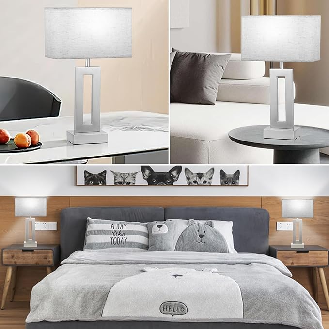 Bedroom Table Lamps Set of 2 - Beige Silver Touch Bedside Lamps with USB C+A, 3 Way Dimmable Gold Lamp for Nightstand, Modern Night Stands Lamps for Living Room End Tables