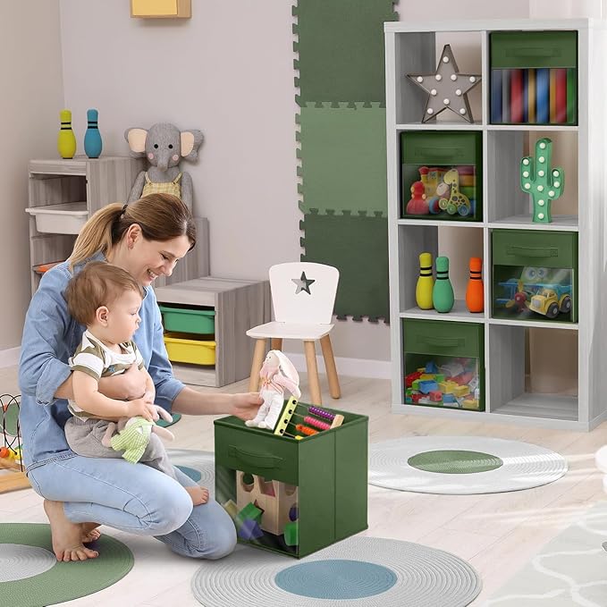 Sorbus 13 Inch Storage Bins with Clear Window - 6 Foldable Baskets for Organizing Clothes, Toys, Books - Sturdy Collapsible Fabric Storage Cubes with Handle - Storage Baskets for Shelves, Closets