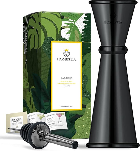 Homestia Japanese Jigger - Cocktail Measuring Double Jiggers for Bartending, Copper Jigger with Measurements Inside - Stainless Steel Bar Tools For Bartenders, 2 oz 1 oz with 1 Pourer (Black)