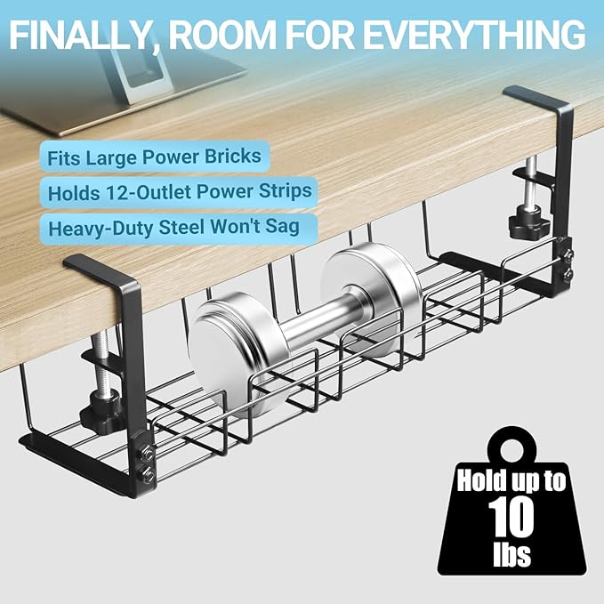 Under Desk Cable Management Tray, 15.7'' Metal Wire Organizer with Clamp, No Drill Desk Cord Rack for Cable Management, Computer Wire Organizer for Office and Home – Sturdy & Scratch-Free