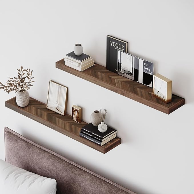 24" Acacia Chevron Floating Shelves Set of 2 - Wall Mounted Wooden Shelf for Stylish Home Décor - Walnut Color - 24x6.7x1.5 Inches