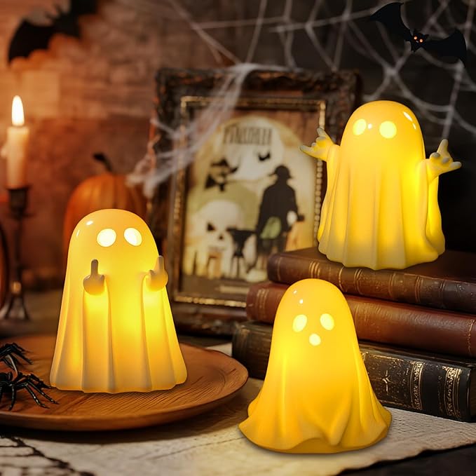 Halloween Decorations Indoor, Set of 3 Light Up Ghost Decorations, Spooky Home Decor Ghosts Figurines for Mantel Tray Shelf Table