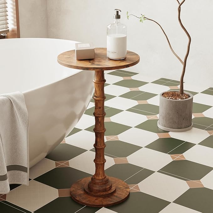 Round Side Table, Modern Drink Table for Small Spaces, Small End Table with Solid Wood Leg for Living Room, Bedroom, Corners, and Office (Rustic Brown)