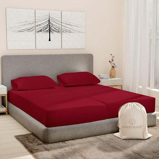 Good Sleep Bedding Split King Sheets Sets for Adjustable Bed Cotton, 1000 TC Egyptian Cotton Sheets, 5 Piece Cotton Split King Sheet Set, Sateen Sheets, 2 Fitted - 16" Deep Pocket, Burgundy
