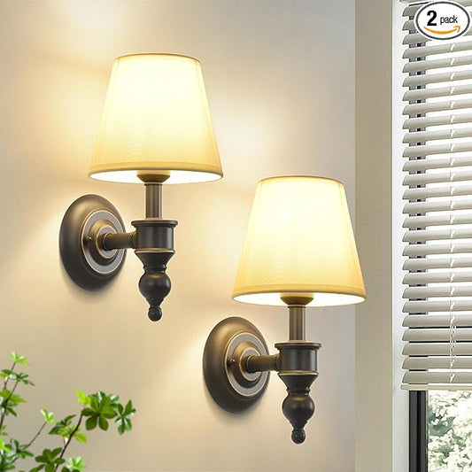 Wall Sconces Set of 2, Modern Wall Lamps for Bedroom, Sconces Wall Light Fixture with Beige Fabric Shade, Indoor Wall Mounted Lamps for Living Room Hallway Kitchen, ORB Finish