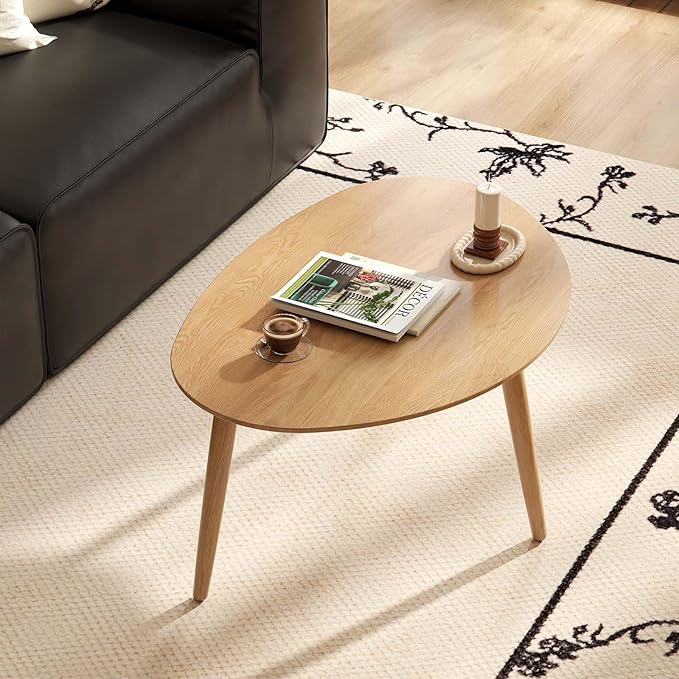 Small Oval Coffee Table, Mid Century Modern Coffee Table for Living Room, 100% Solid Oak Wood Side Table End Tables for Home (Original Wood Color, 25.59''x17.51''x19.68'')