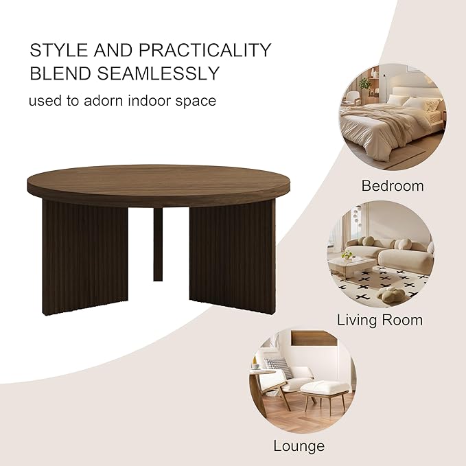 Wooden Round Coffee Table, 35" Coffee Table with Smooth Thick Mesa, Low Circle Center Table with X Shaped Stable Legs, Accent Tea Table for Living Room, Office, Brown