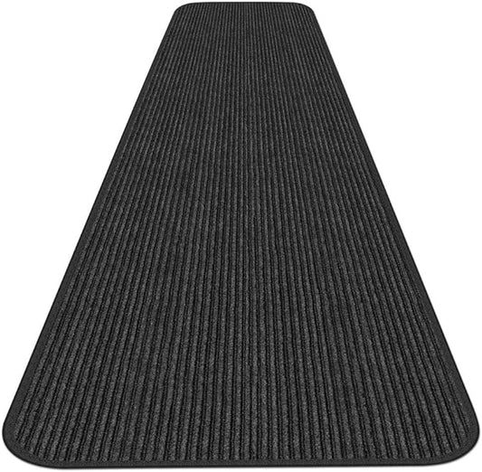 House, Home and More Indoor Outdoor Double-Ribbed Carpet Runner with Skid-Resistant Rubber Backing - Smokey Black - 3 Feet x 15 Feet