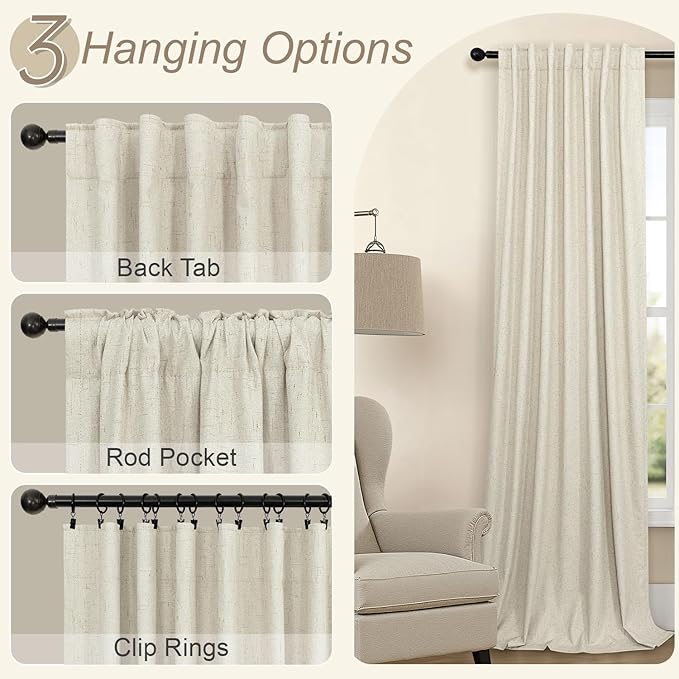 100% Blackout Neutral Curtains for Living Room 96 Inches Long 8 ft Faux Linen Rustic Country Drop Cloth Drape Dark Out Curtain for Bedroom Thermal Insulated 52x96 Floor to Ceiling Length 2 Panel Beige