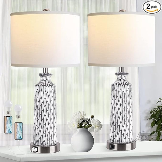 QiMH Table Lamp for Living Room,Bedside Lamps for Bedroom Set of 2 with USB A+C Ports,3-Way Dimmable Touch Control, Modern Coastal White Grey Resin Nightstand Lamp, Included 2700K LED Bulbs