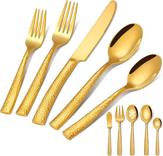 65-Piece Gold Silverware Set with Serving Utensils, Ollex Durable Stainless Steel Hammered Flatware Set for 12 with Knives Forks Spoons Large Serving utensil Set for Home Restaurant, Dishwasher Safe