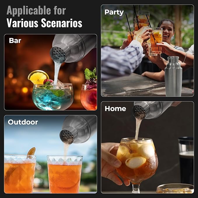 YARRAMATE 8Pcs 24oz Hybrid Vacuum Insulated Cocktail Shaker Set with Strainer, Premium Double Wall Stainless Steel Martini Shaker for Home Bar Bartending with Leakproof Seal, 25 Recipes | Gift Set