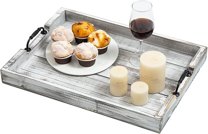 Rustic Vintage Big Wood Food Serving Trays with cutout Metal Handles(20 Inches) large Nesting Board Decorative Serving Trays Platter for Breakfast in Bed, Ottoman, Coffee Table, BBQ, Party(Gray white)