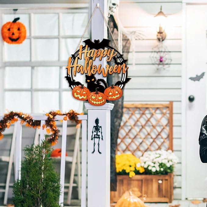 HPNIUB Halloween Door Decorations, Halloween Wreath Scary Pumpkin Black Cat Bat Front Door Hanger Wooden Hanging Sign Wall Decor for Room Party Indoor Home Decor