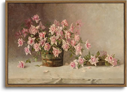 KISSFOX Vintage Floral Canvas Wall Art Framed Retro Pink Flower Botanical Painting Prints Farmhouse Rustic Still Life Roses Pictures Decor Gallery Office Living Room Bedroom Bathroom