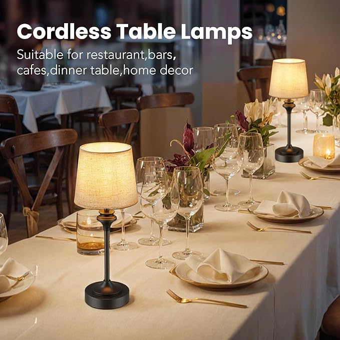 NIORSUN Portables Cordless Table Lamp Set of 2, Battery Operated Lamp, Bedside Table Lamp with Warm White,3 Way Dimmable Touch Desk Lamp for Bedroom Living Room Restaurant Whtie Shade (Black)