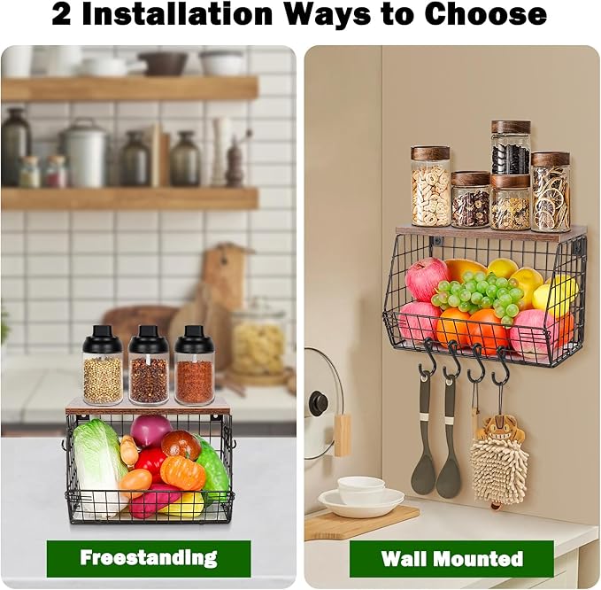 Livabber Fruit Basket for Kitchen, Metal Fruit Vegetable Storage Bin with 2 Banana Hangers, Countertop Wire Basket Organizer for Snack Potato Onion, Screw Mounted or Stand (Black, 1 Pack)