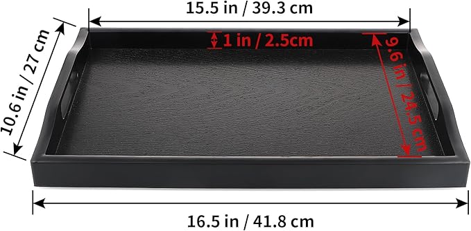 Plastic Serving Tray with Handles, 16.5" x 10.6" Rectangular Ottoman Tray for Meals, Decor or Party, Buffet, Coffee Table, Kitchen, Restaurant (Black)