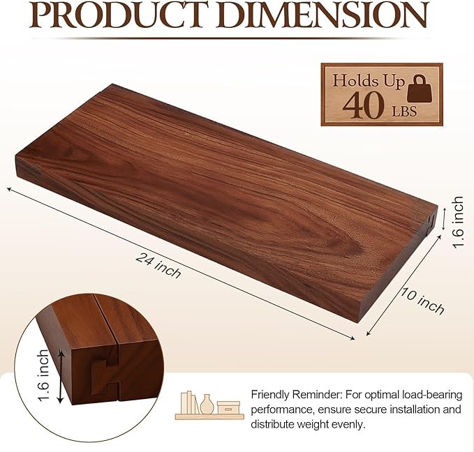 Solid Walnut Floating Shelves for Wall, 24"*10"*1.6"Real Thick Wood Mounted Wall Display Shelf with Joinery for Home Decor, Bathroom,Kitchen Set of 1（ Natural Walnut Brown）