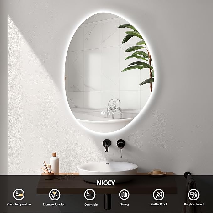 Niccy Irregular LED Bathroom Mirror, 20"x28" Asymmetrical Backlit Vanity Wall Mirrors, Frameless Lighted Mirrors for Bedroom, Living Room, Modern Smart-Mirror with Anti-Fog, Dimmable, Memory Function