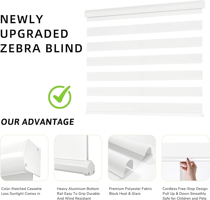 ChrisDowa Cordless Zebra Blinds for Windows, Dual Layer Free-Stop Light Filtering Window Roller Shades, Pull Down Privacy Zebra Shades for Home, Office, Bedroom, Door (61" W x 72" H, White)