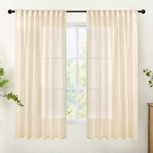 YoungsTex Linen Curtains 63 Inch Length 2 Panels for Living Room, Light Filtering Window Drapes Semi Sheer Textured Rustic with Rod Pocket Back Tab for Bedroom, Champagne, 52 X 63 Inch