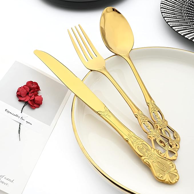 Elegant Gold Silverware Set with Steak Knives 30 Piece Flatware Sets for 6 Tableware Utensils, 18/10 Stainless Steel Cutlery Set Include Knifes Forks Spoons, Mirror Polished, Dishwasher Safe