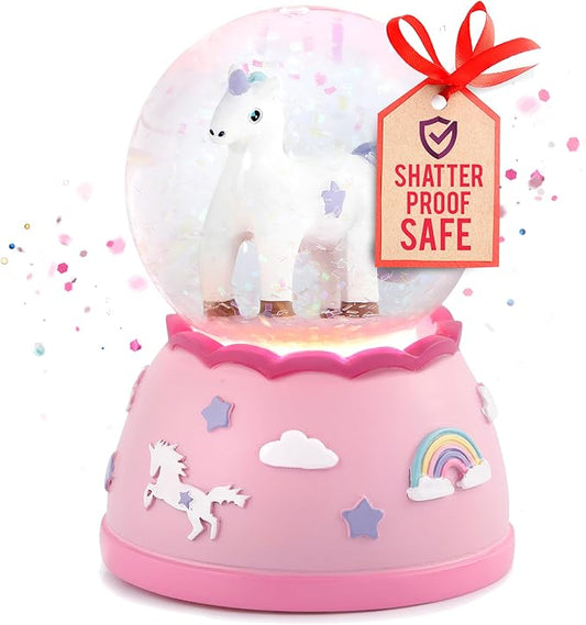 Miniature Shatterproof Unicorn Snow Globe - Handpainted Plastic Globe with Lights, Sparkling Glitter Ornament, Gift Idea for Birthday, Christmas, Very Small for Toddlers