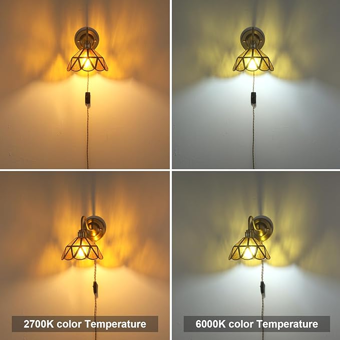 Plug in Wall Sconces Set of 2, Vintage Wall Lamps with Coffee Stone Triangle Checker Glass Shade, Gold Lights Fixture Decor for Bedroom Bathroom Living Room Hallway