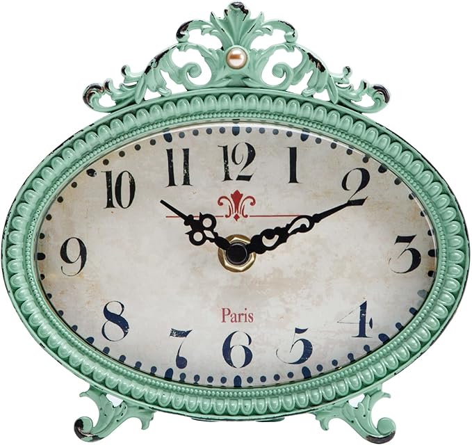NIKKY HOME Vintage Table Clock, French Turquoise Color Rococo Style Desk Clock Battery Operated Rustic Design, Home Décor for Living Room, Bedroom, Bedside, Desk, Gift Clock - Distressed Green
