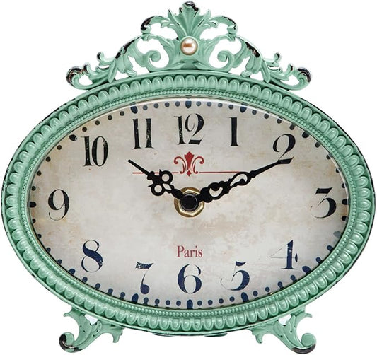 NIKKY HOME Vintage Table Clock, French Turquoise Color Rococo Style Desk Clock Battery Operated Rustic Design, Home Décor for Living Room, Bedroom, Bedside, Desk, Gift Clock - Distressed Green
