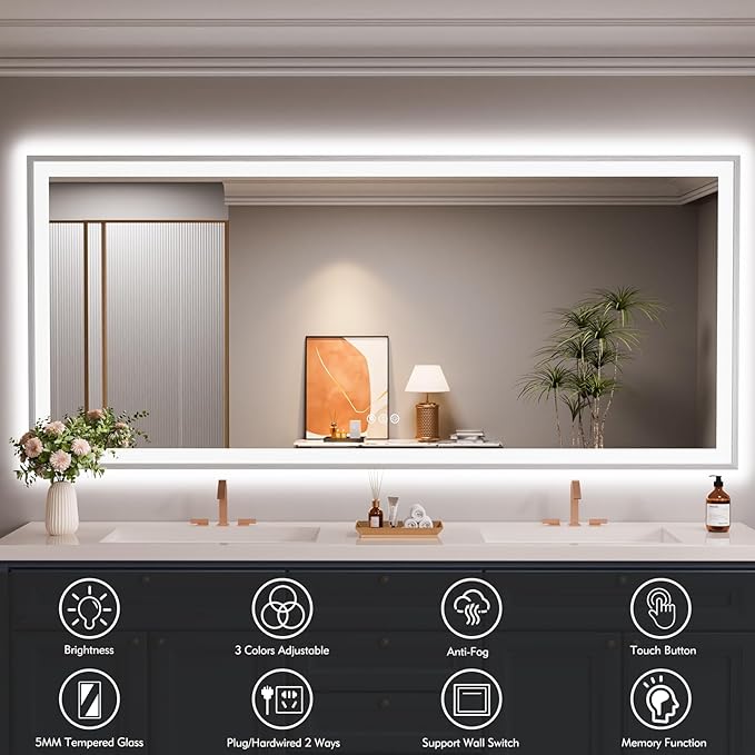 72x32 Silver LED Bathroom Mirror, Rectangle Brushed Nickel Lighted Mirror for Wall, Stepless Dimmable Led Vanity Mirror with Front-lit and Backlit, Tempered Glass, Anti-Fog, Memory