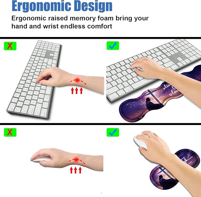 4 in 1 Ergonomic Memory Foam Mouse Pad Wrist Rest Set, Large Gaming Desk Pad + Keyboard Wrist Rest + Mouse Wrist Cushion + Coaster for Home Office Study Gaming, Christian Cross Quote Live Laugh Love