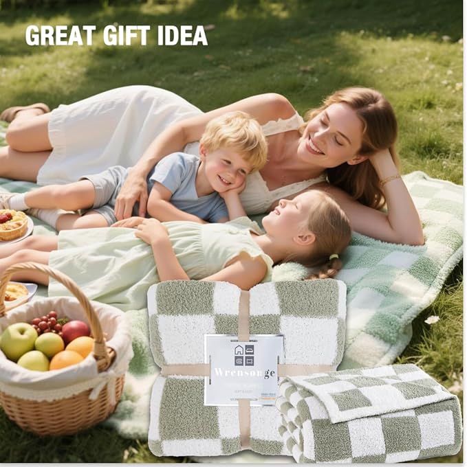 WRENSONGE Checkered Throw Blanket, Sage Green Soft Cozy Fluffy Hand Made Throw Blankets for Couch, Sofa, Chair, Bed, Camping, Picnic, Travel Lightweight Bed Blankets for Women Mothers Birthday Gifts