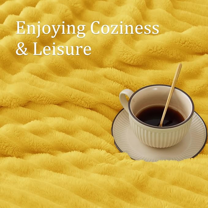 BEDELITE Fleece Throw Blanket for Couch - 300GSM Soft & Warm Fluffy Yellow Blanket, Decorative and Giftable Striped Blankets for Women, Men, 50"x60"