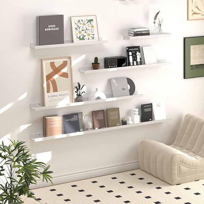 SAUMONIERES Picture Ledge Shelf Floating Book Shelves Set of 2 Wall Mounted Solid Wood for Bedroom Bathroom Living Room Kitchen, 72 Inch White