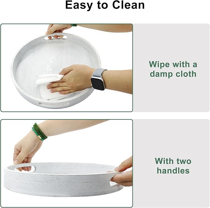 Round Decorative Tray,Wooden Serving Tray with Handles, 11.8in White Decorative Trays for Coffee Table,Kitchen Counter,bandejas decorativas